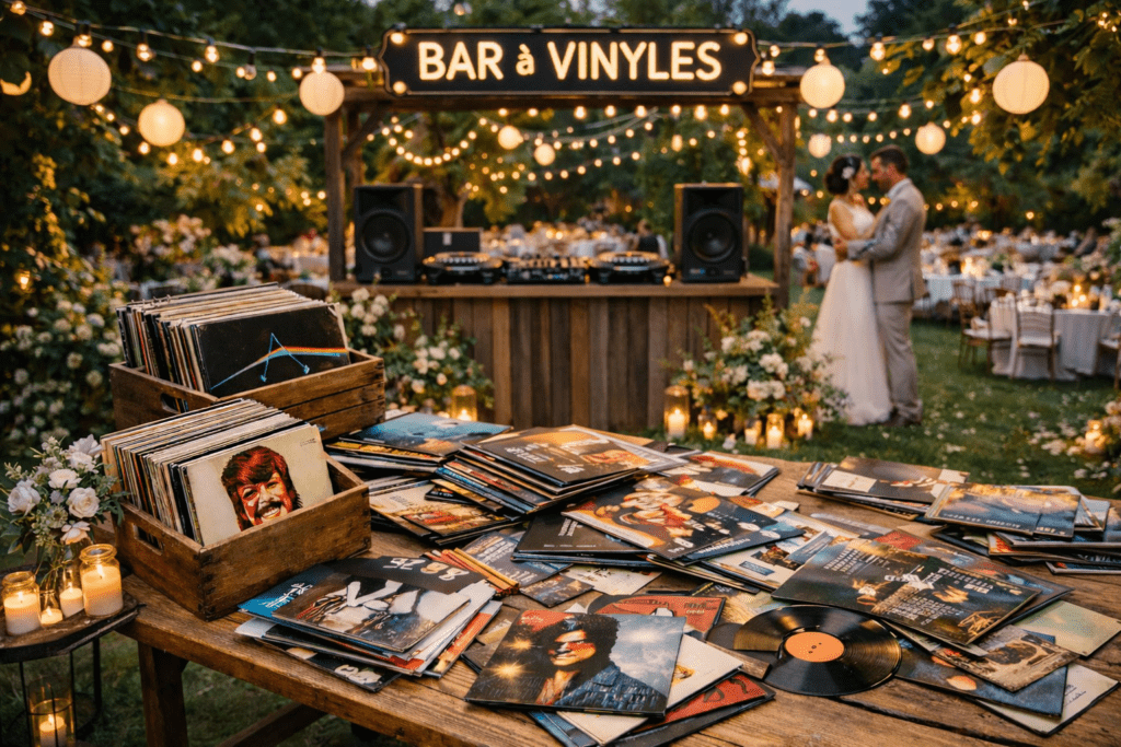 Bar à vinyles installé en extérieur avec disques et décoration florale lors d'un mariage